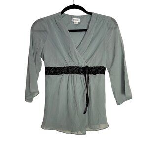 Motherhood Maternity Sheer Wrap Top With Lace Trim & Tie Belt Size Large
